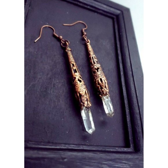 Copper plated filigree quartz crystal earrings handmade gothic style jewelry - Picture 1 of 12